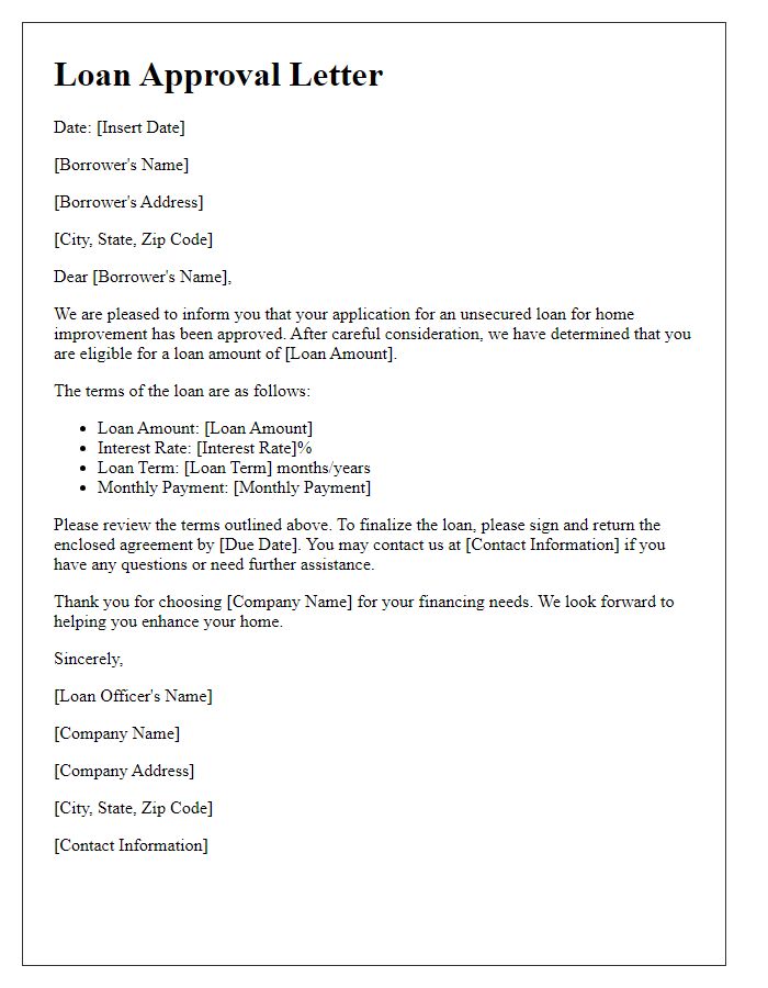 Letter template of unsecured loan approval for home improvement.