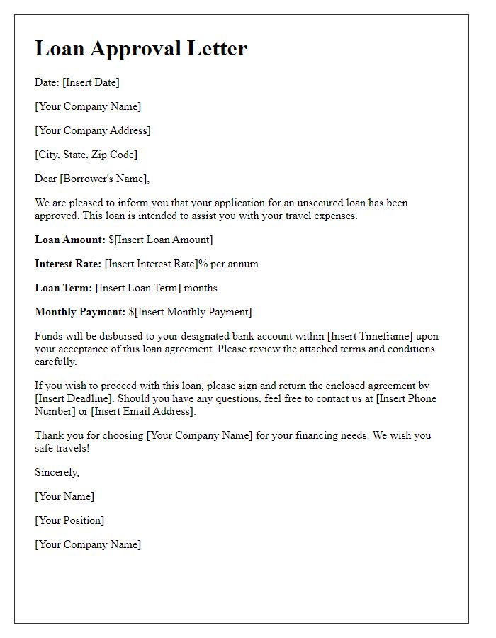 Letter template of unsecured loan approval for travel expenses.