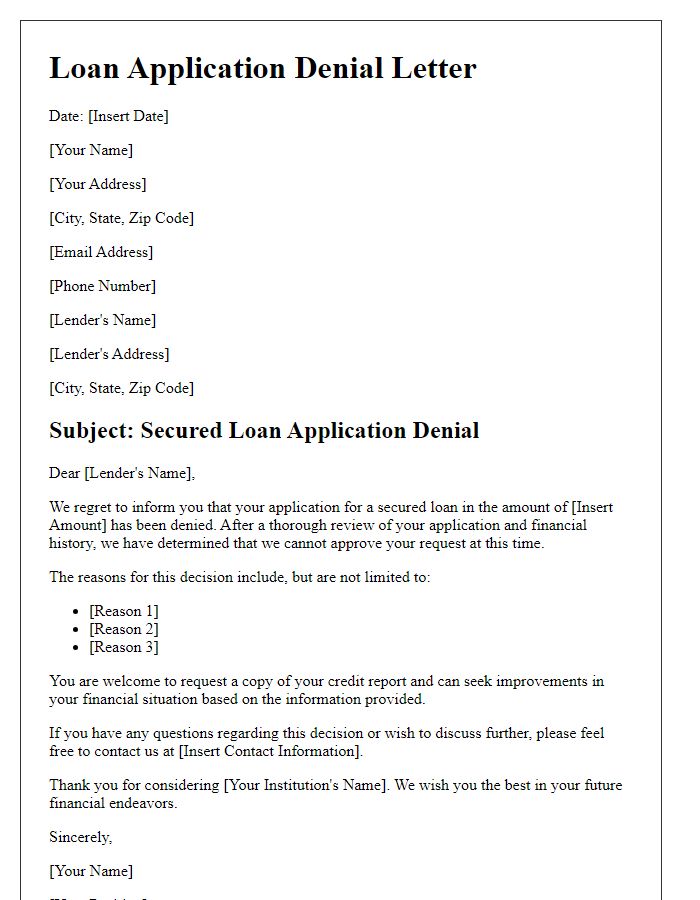 Letter template of Secured Loan Application Denial