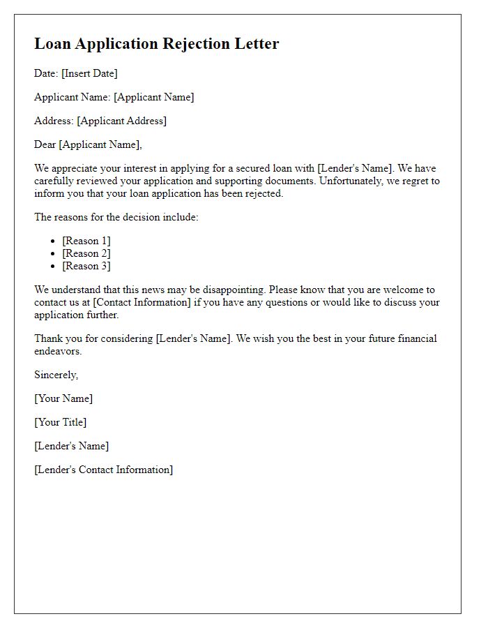 Letter template of Secured Loan Application Rejection