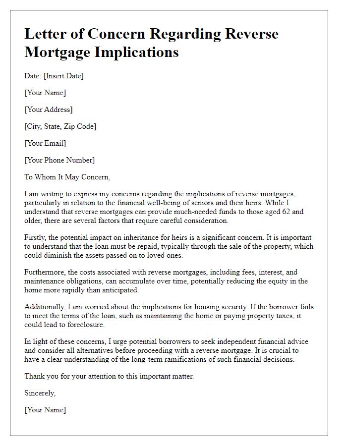 Letter template of concerns about reverse mortgage implications.