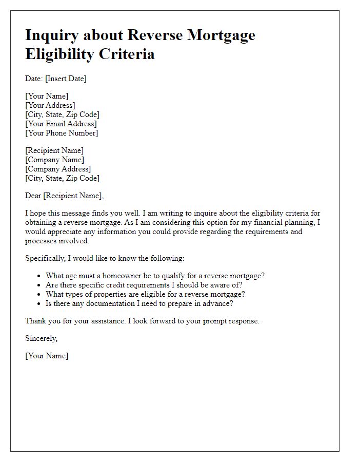 Letter template of inquiry about reverse mortgage eligibility criteria.