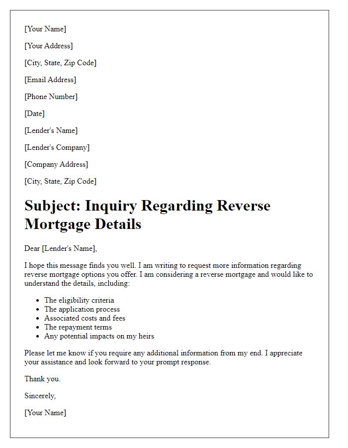 Letter template of inquiry regarding reverse mortgage details.