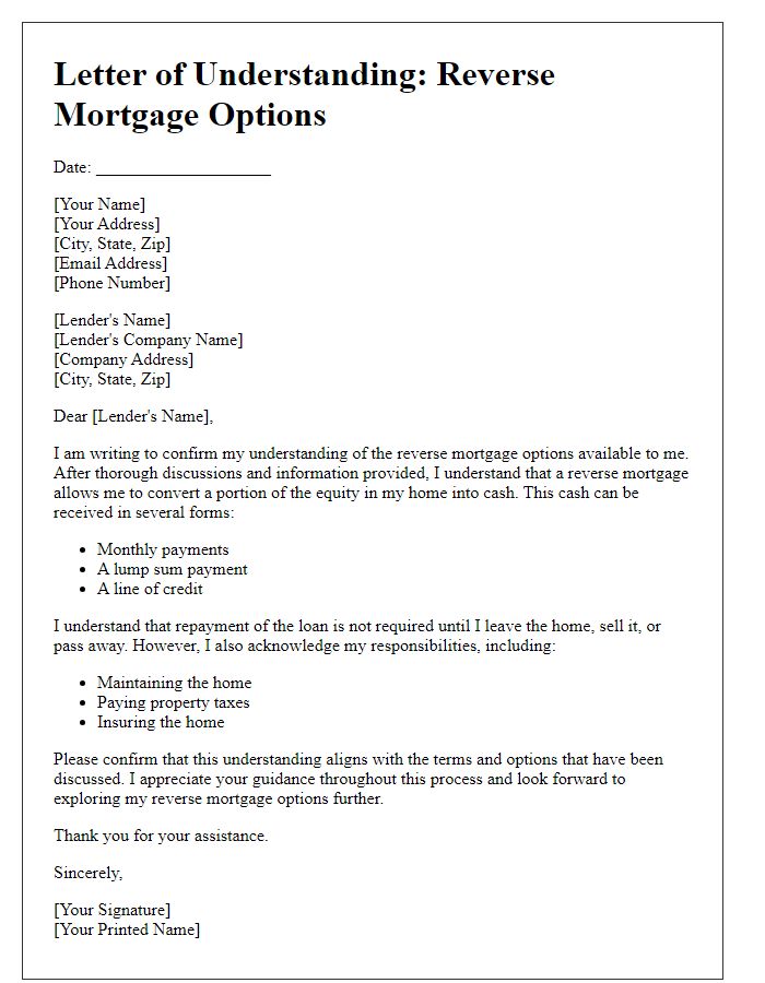 Letter template of understanding reverse mortgage options.