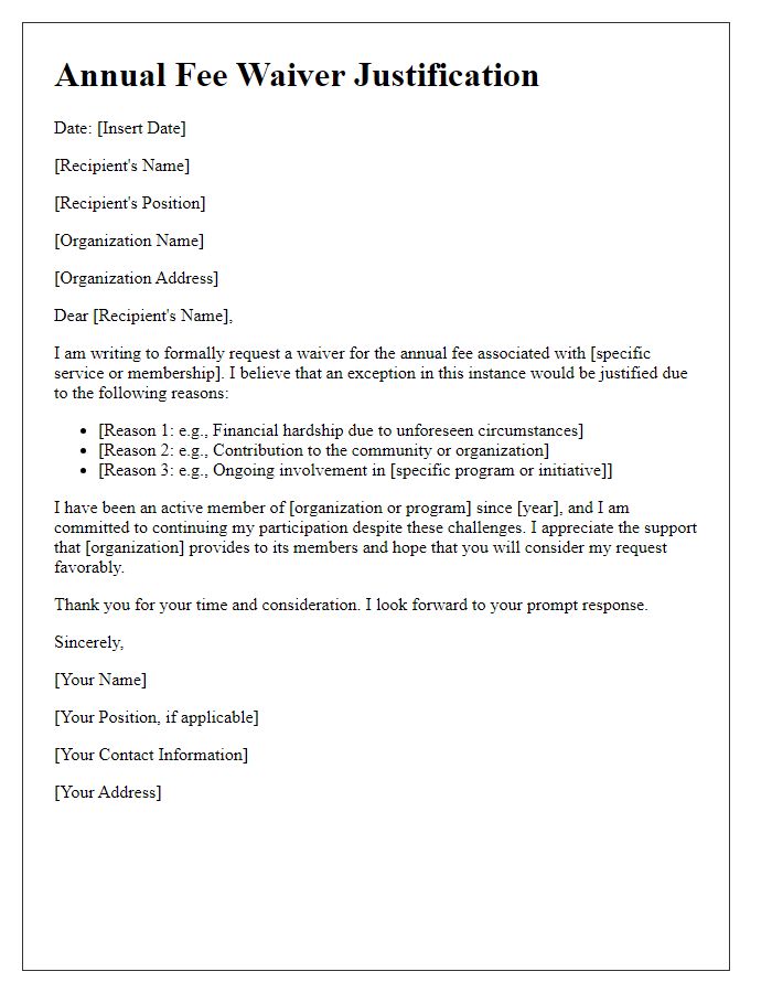 Letter template of documentation for annual fee waiver justification