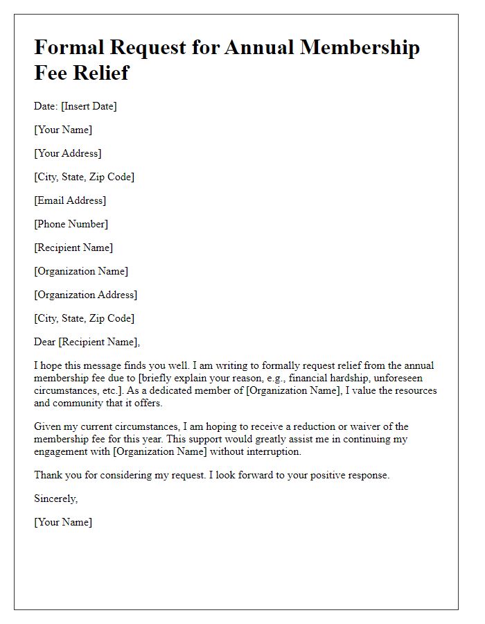 Letter template of formal request for annual membership fee relief