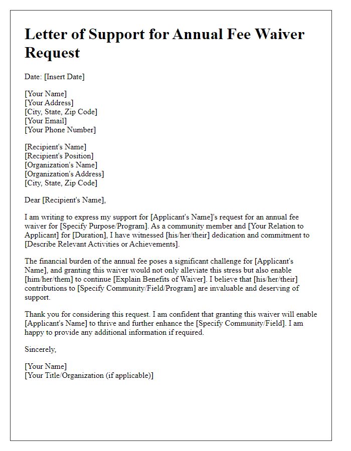 Letter template of support for annual fee waiver request