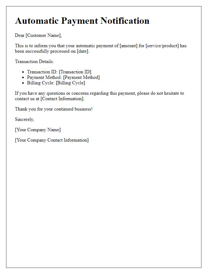 Letter template of Automatic Payment Notification