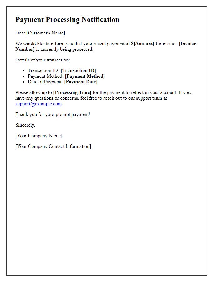 Letter template of Payment Processing Notification