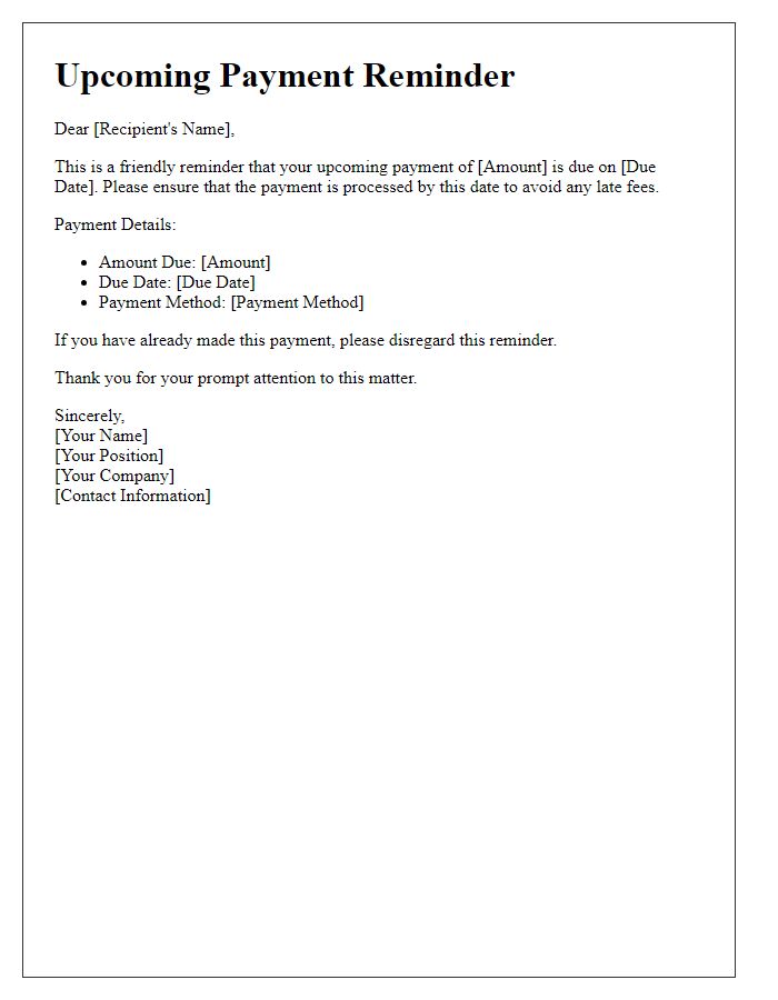 Letter template of Upcoming Payment Reminder