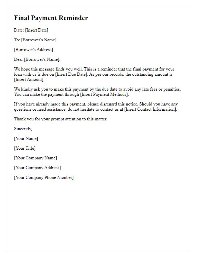 Letter template of Final Payment Reminder for Loan.