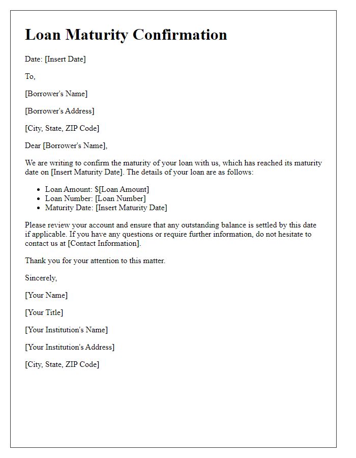 Letter template of Loan Maturity Confirmation.