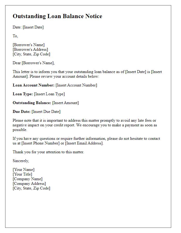 Letter template of Outstanding Loan Balance Notice.