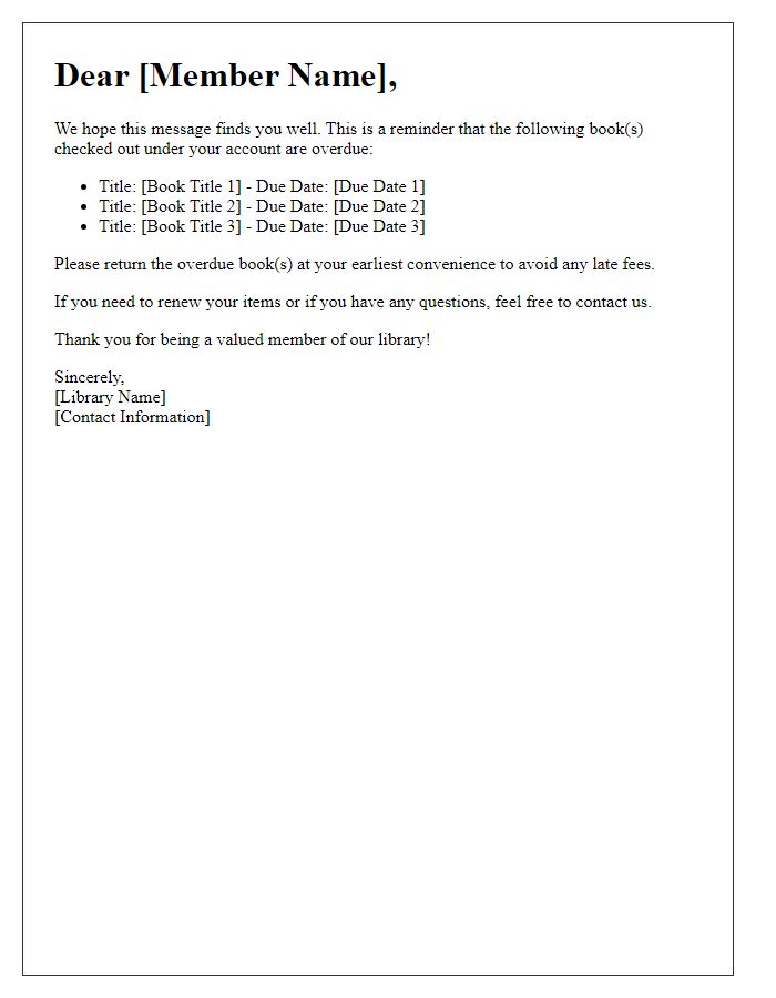 Letter template of overdue library book communication for online members.