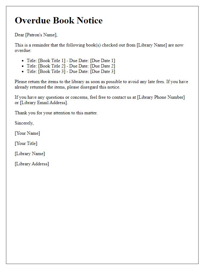 Letter template of overdue library book notice for patrons.