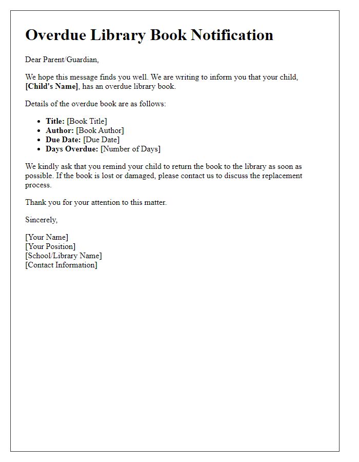 Letter template of overdue library book notification for parents.