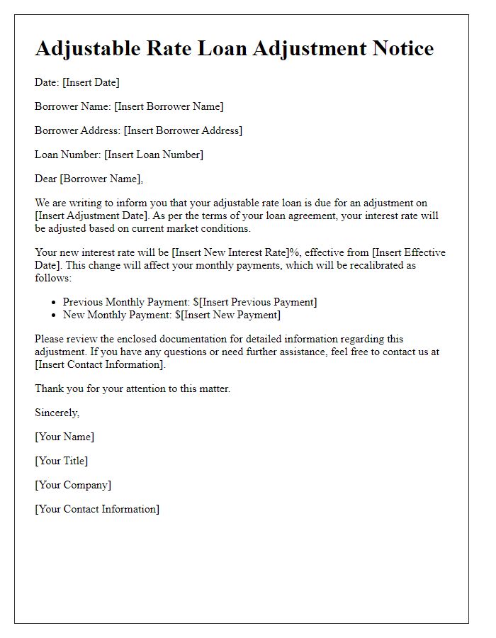 Letter template of adjustable rate loan adjustment notice