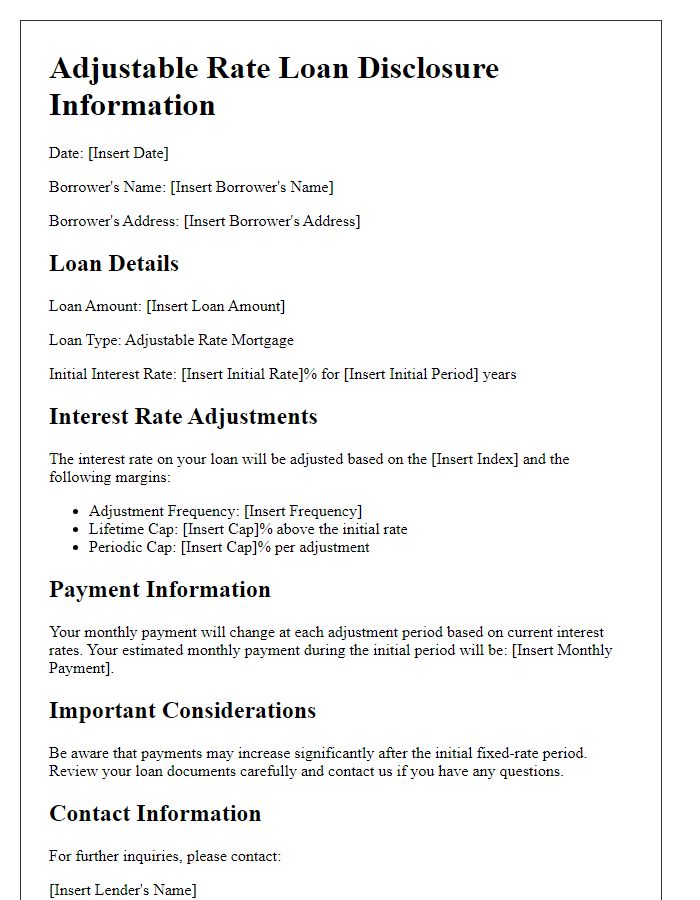 Letter template of adjustable rate loan disclosure information