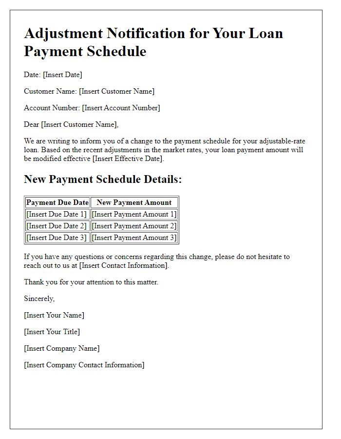 Letter template of adjustable rate loan payment schedule change