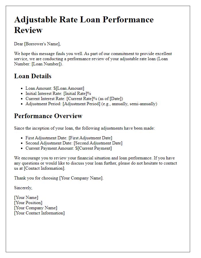 Letter template of adjustable rate loan performance review