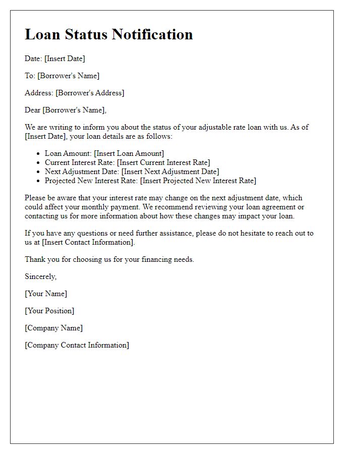 Letter template of adjustable rate loan status notification