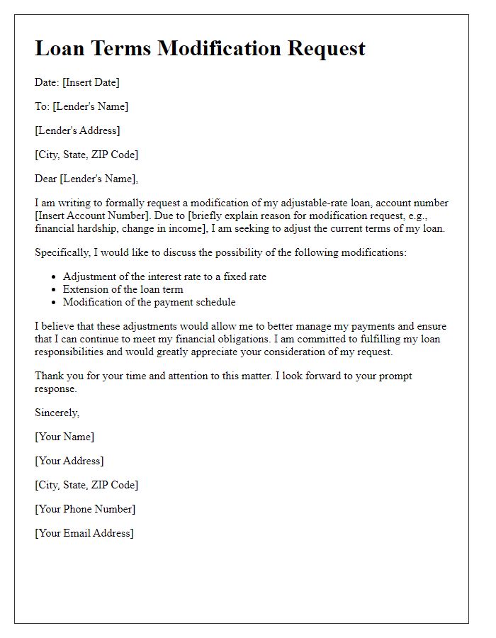 Letter template of adjustable rate loan terms modification