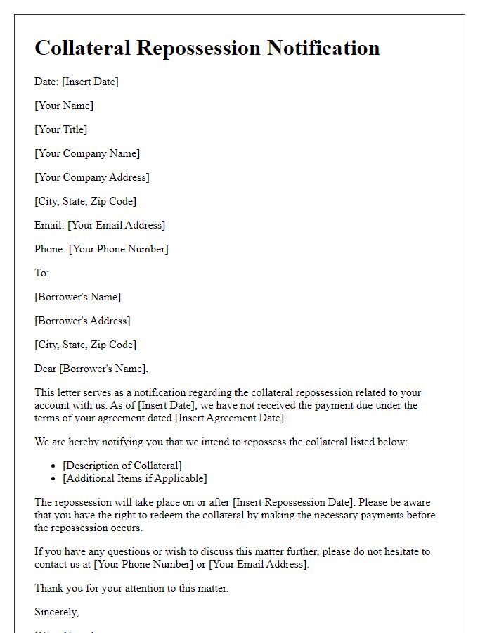 Letter template of collateral repossession notification