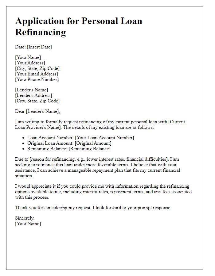 Letter template of application for personal loan refinancing