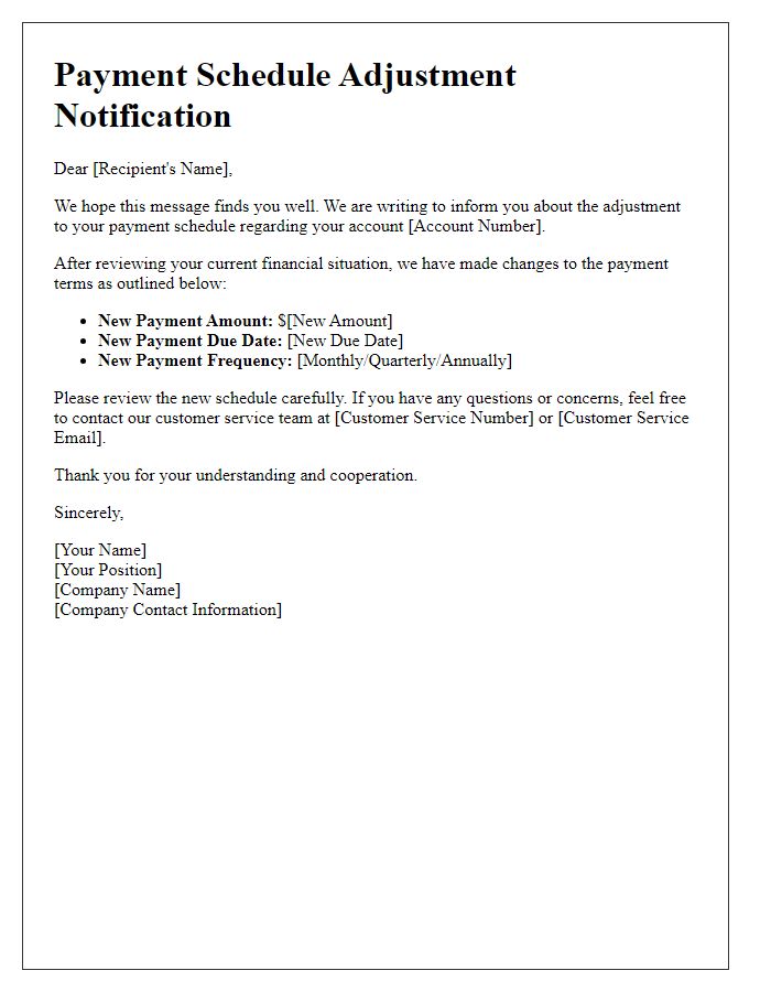 Letter template of adjusted payment schedule communication