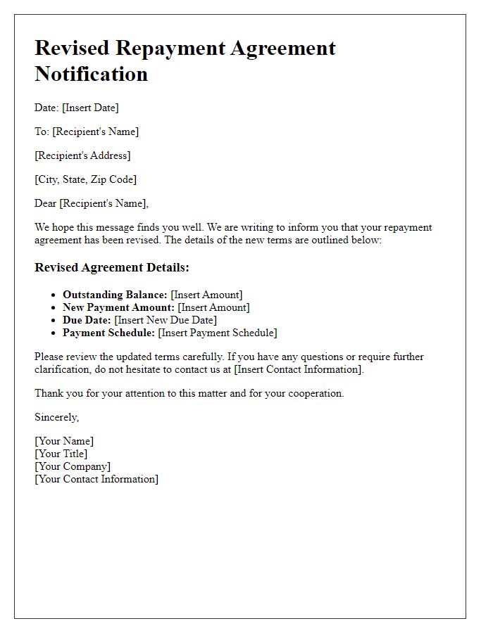 Letter template of revised repayment agreement notification