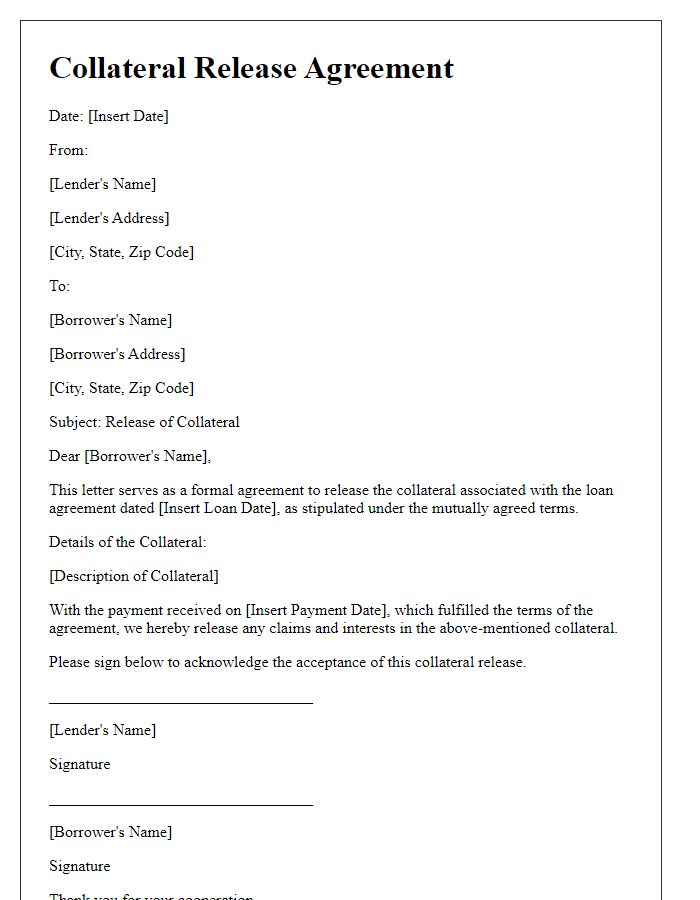 Letter template of collateral release agreement