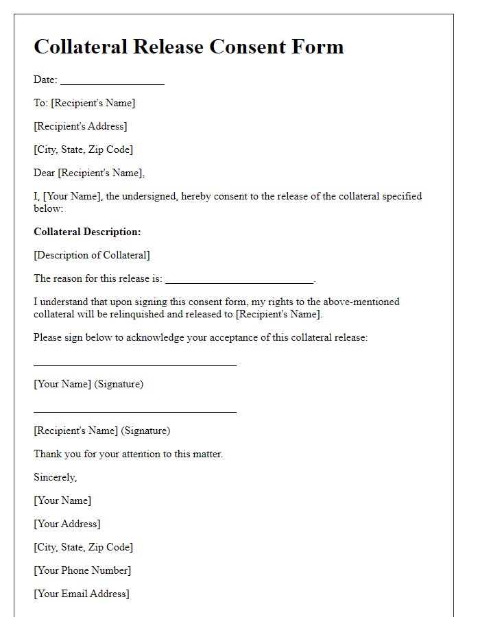 Letter template of collateral release consent form