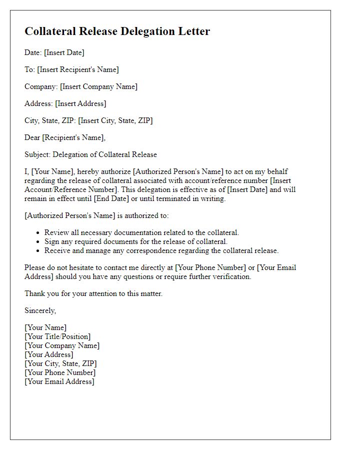 Letter template of collateral release delegation