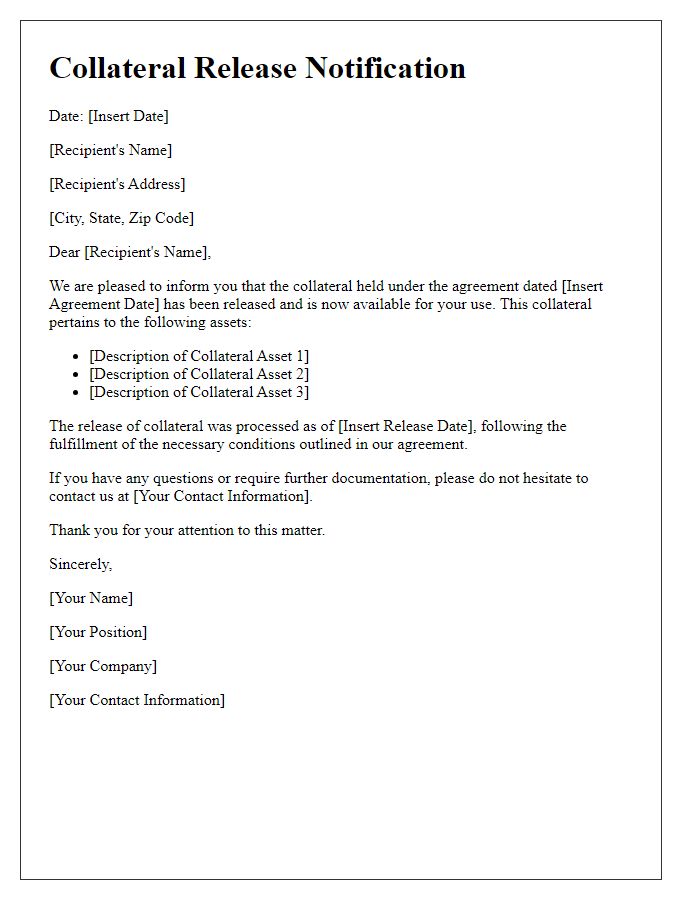 Letter template of collateral release notification