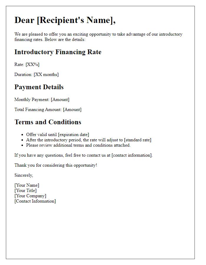 Letter template of introductory financing rate details