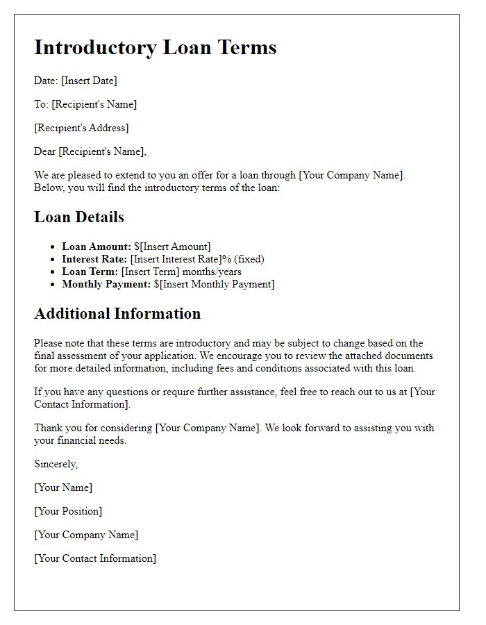 Letter template of introductory loan terms introduction