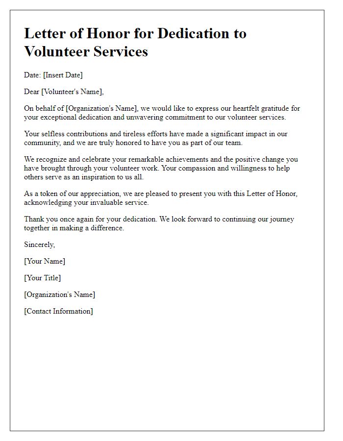 Letter template of Honor for Dedication to Volunteer Services