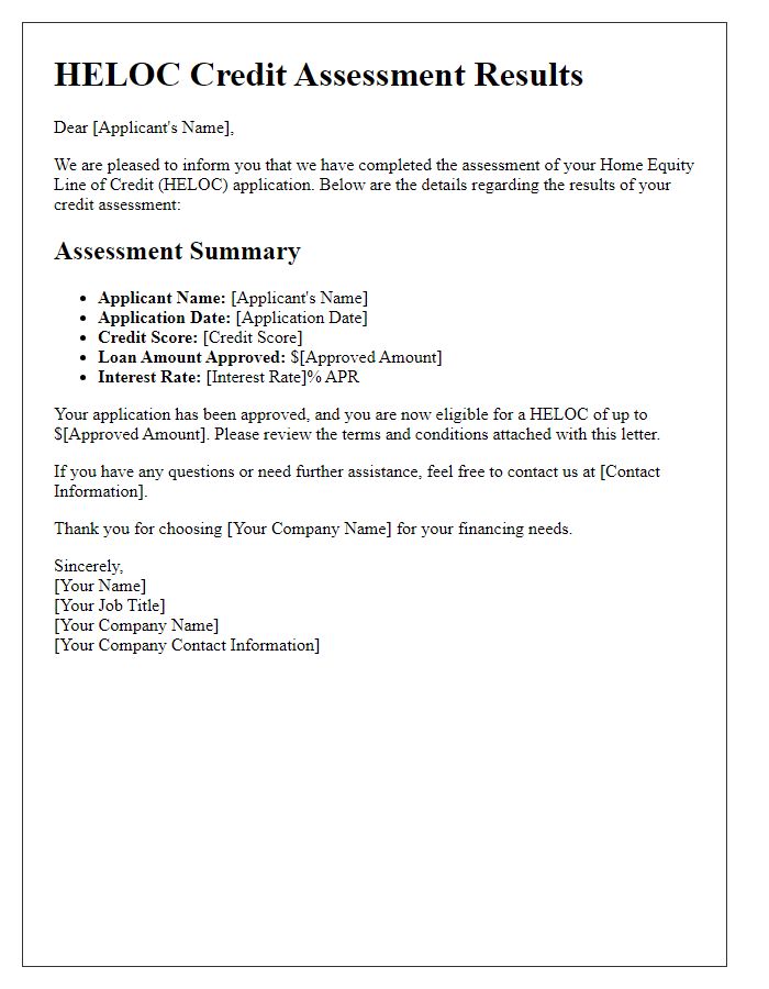 Letter template of HELOC credit assessment results.