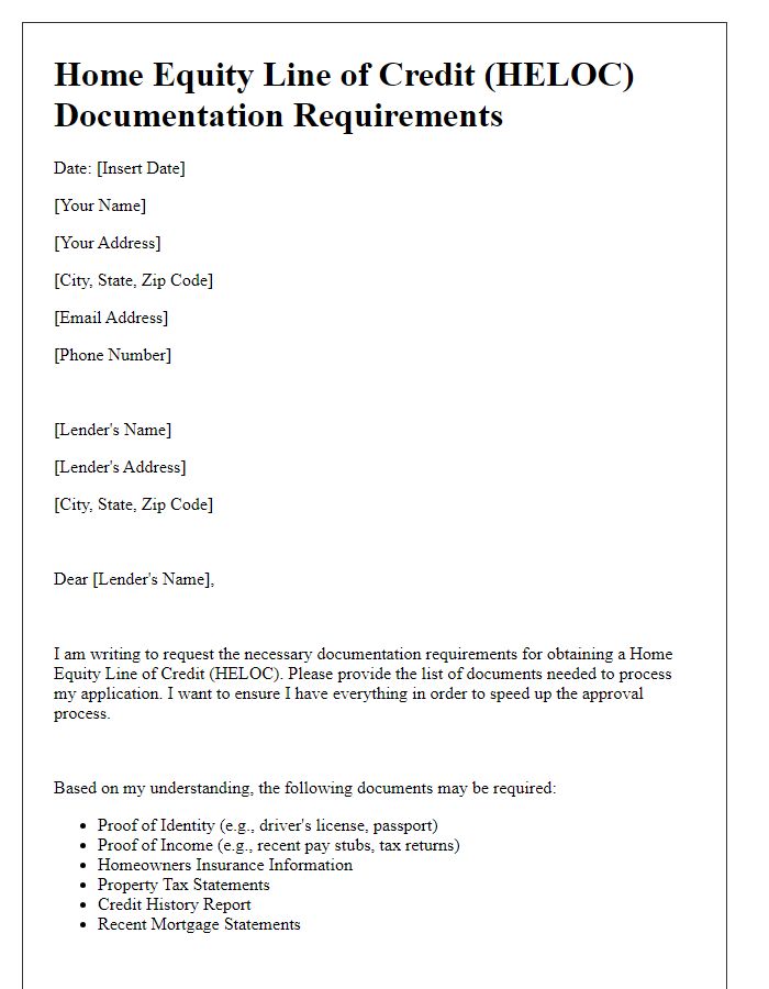 Letter template of HELOC documentation requirements.