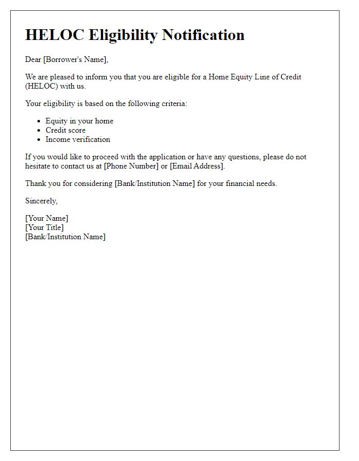Letter template of HELOC eligibility notification.