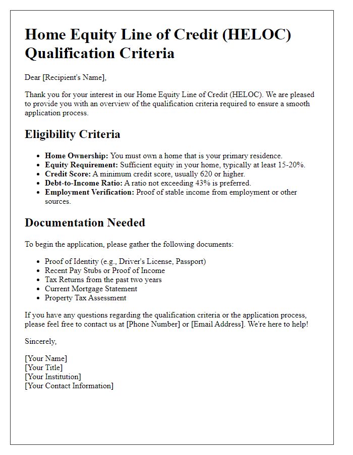 Letter template of HELOC qualification criteria explanation.