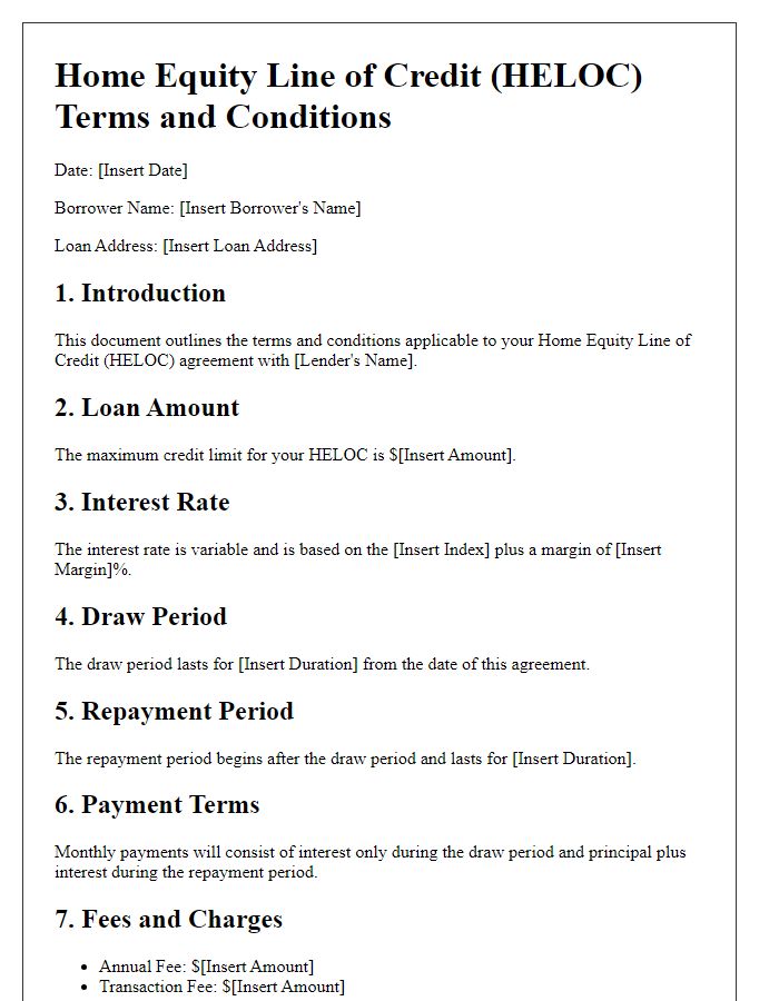 Letter template of HELOC terms and conditions outline.