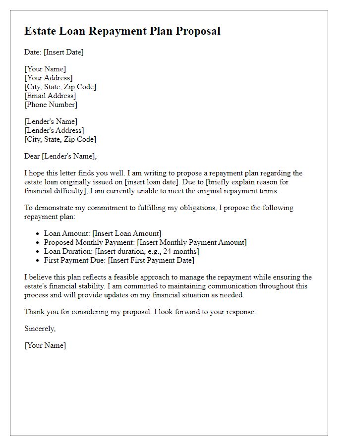 Letter template of estate loan repayment plan proposal