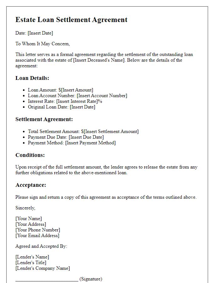 Letter template of estate loan settlement agreement details