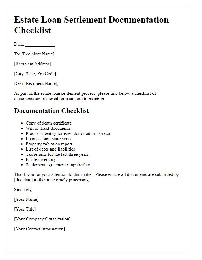 Letter template of estate loan settlement documentation checklist