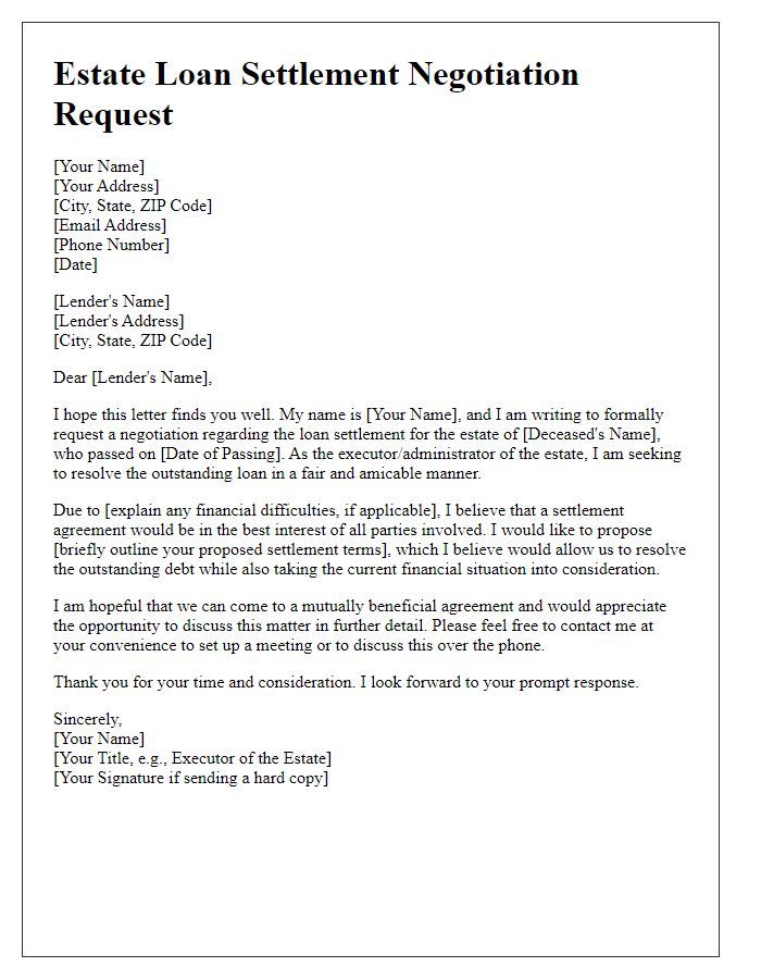 Letter template of estate loan settlement negotiation request