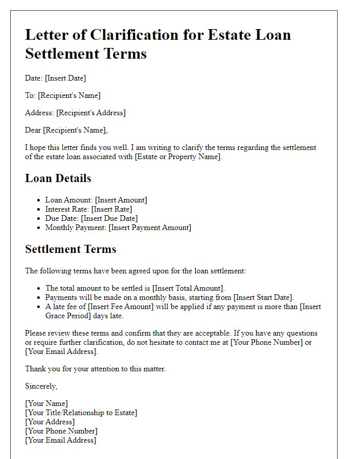 Letter template of estate loan settlement terms clarification