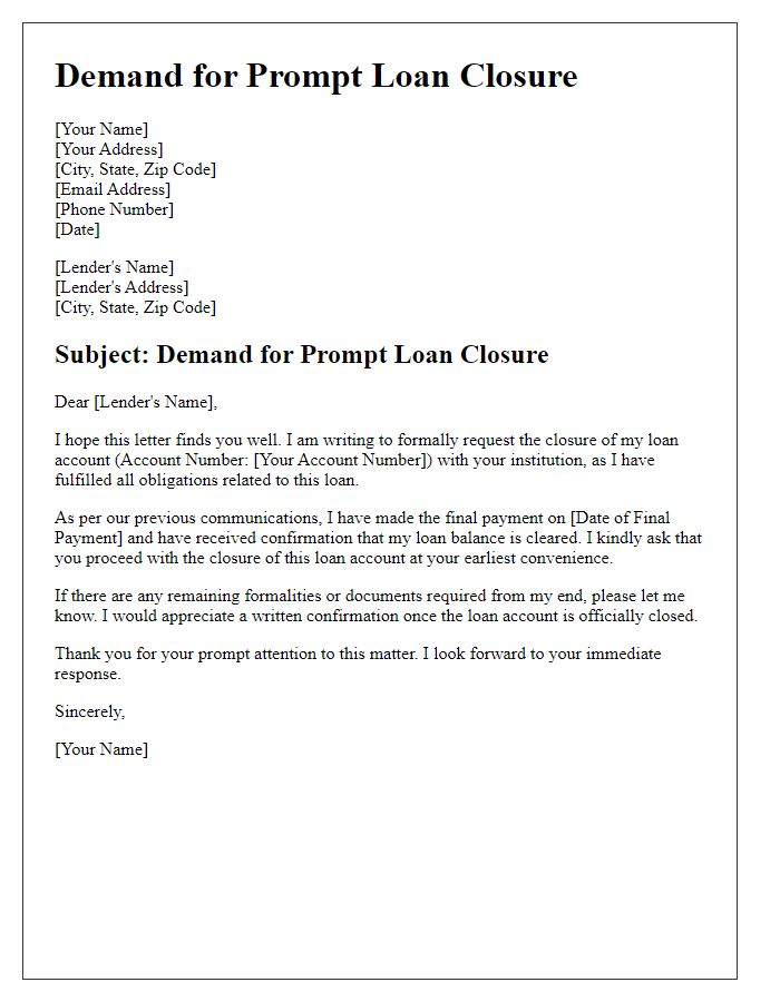 Letter template of demand for prompt loan closure