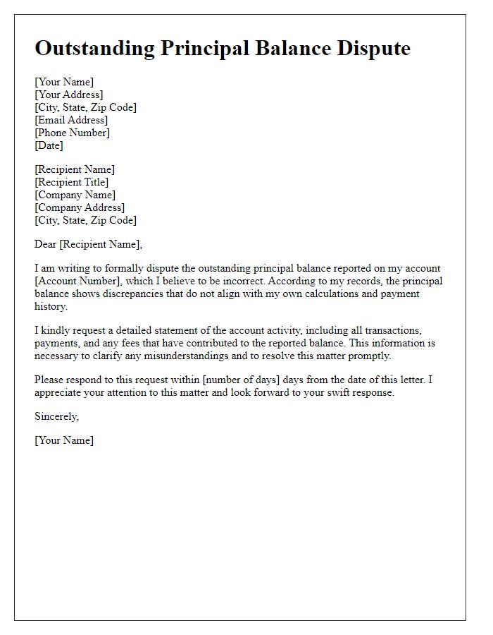 Letter template of outstanding principal balance dispute