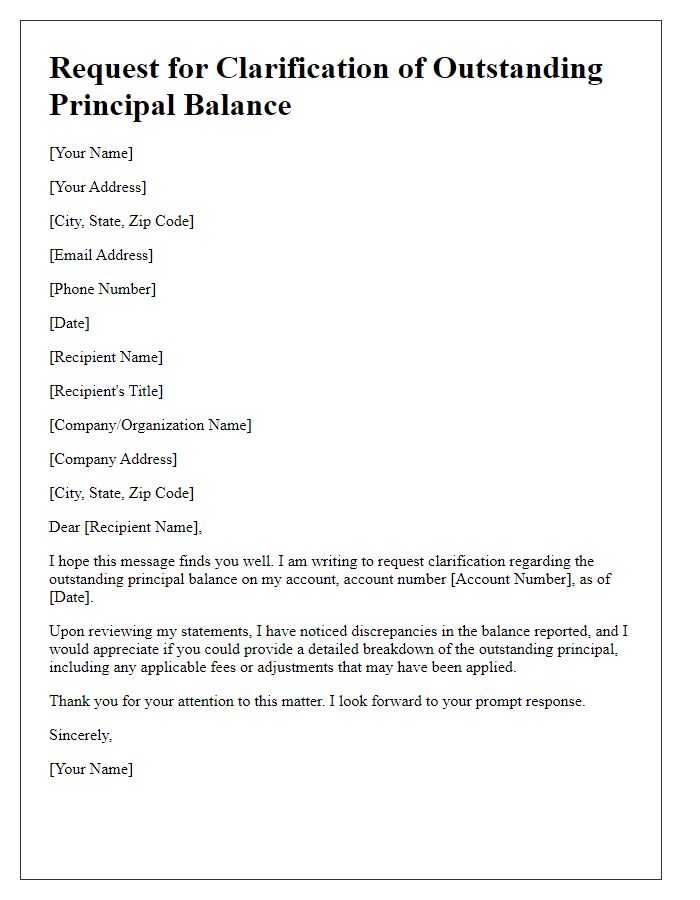 Letter template of outstanding principal balance request for clarification